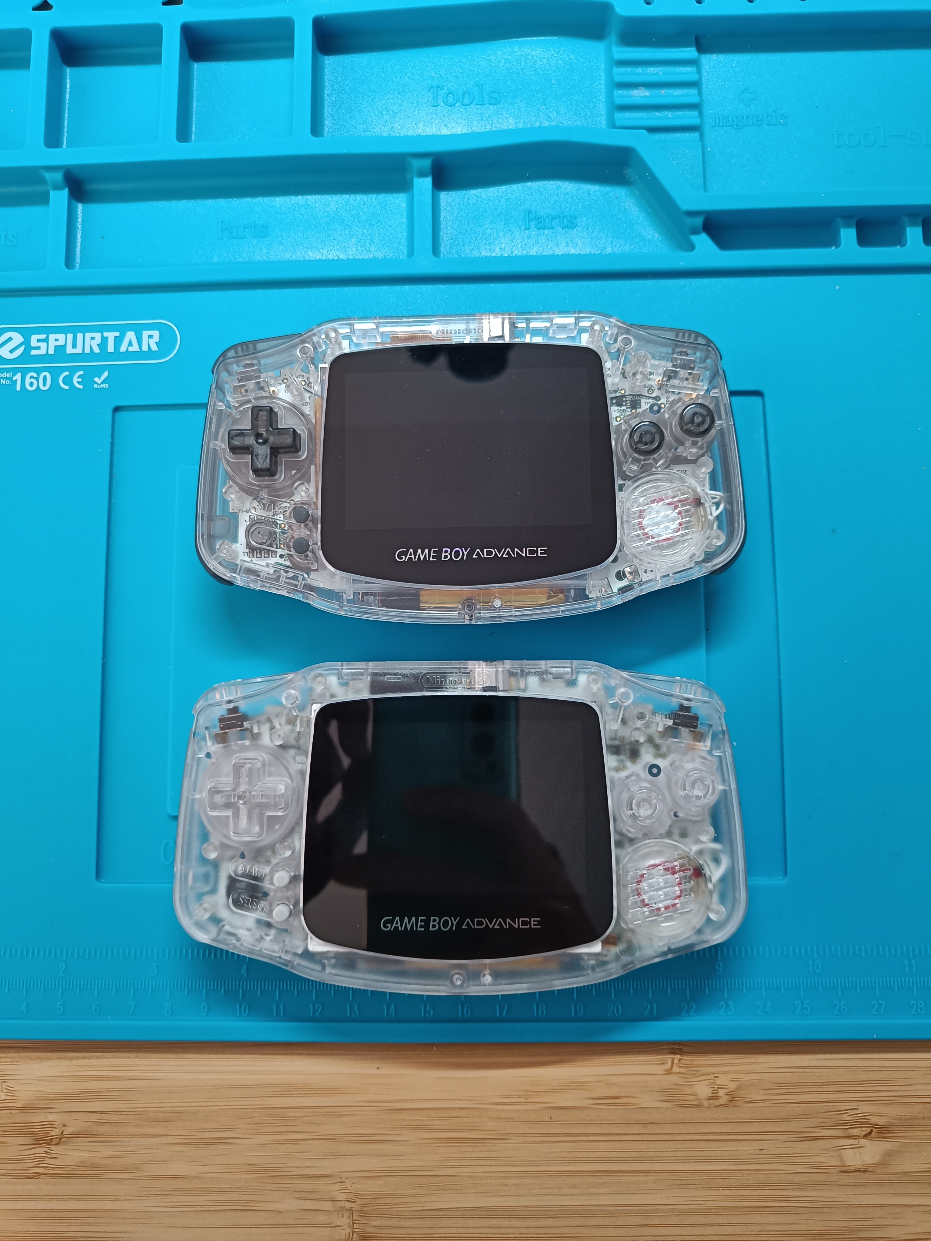 Two modded GBA front view